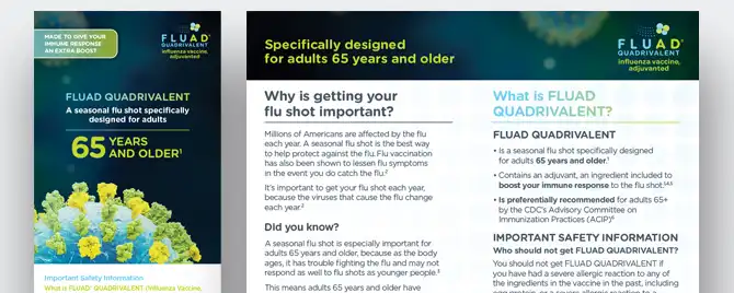 A brochure designed to educate patients about vaccination with FLUAD QUADRIVALENT (Influenza Vaccine, Adjuvanted).