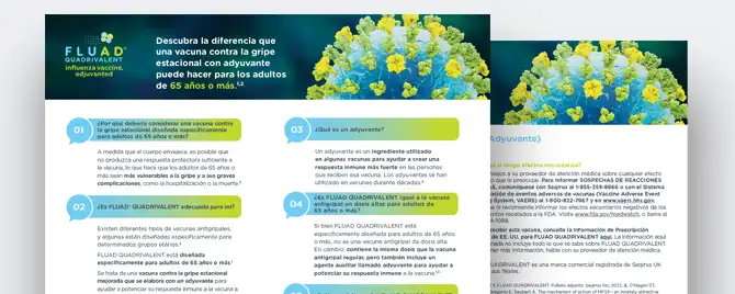 A Spanish language brochure providing useful information to help Health Care Professionals address frequently asked questions from patients regarding FLUAD QUADRIVALENT (Influenza Vaccine, Adjuvanted).