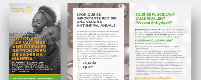 A Spanish-language brochure designed to educate patients about vaccination with FLUCELVAX QUADRIVALENT (Influenza Vaccine).